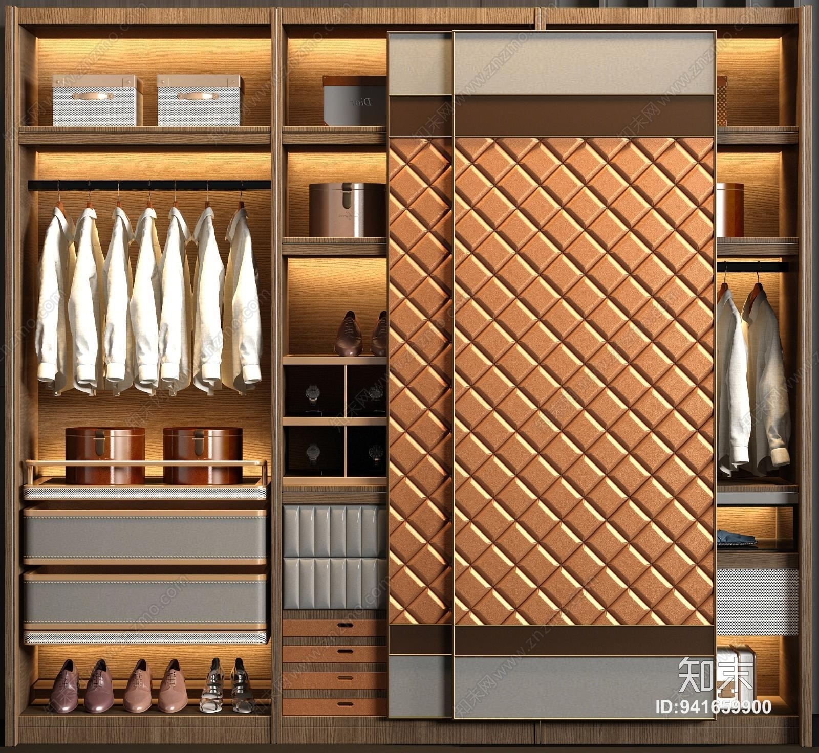 现代轻奢衣帽间玻璃衣柜衣服饰品组合3D模型下载【ID:941659900】