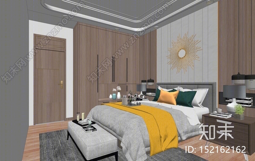 新中式卧室SU模型下载【ID:152162162】