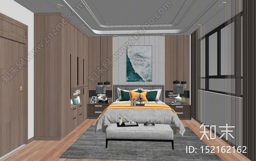 新中式卧室SU模型下载【ID:152162162】