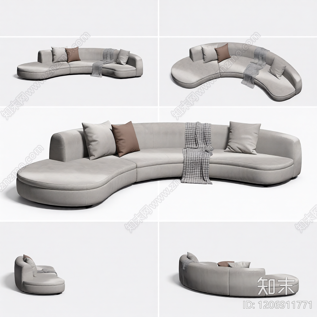 弧形布艺沙发带抱枕3D模型下载【ID:1206911771】