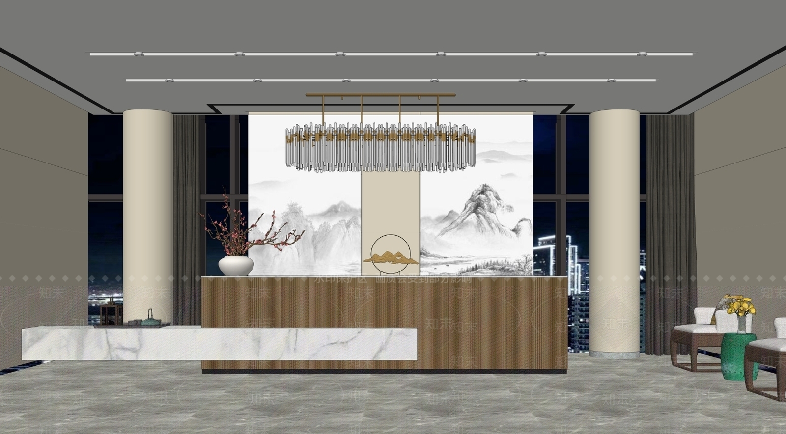 新中式酒店大堂前台接待区SU模型下载【ID:170092292】