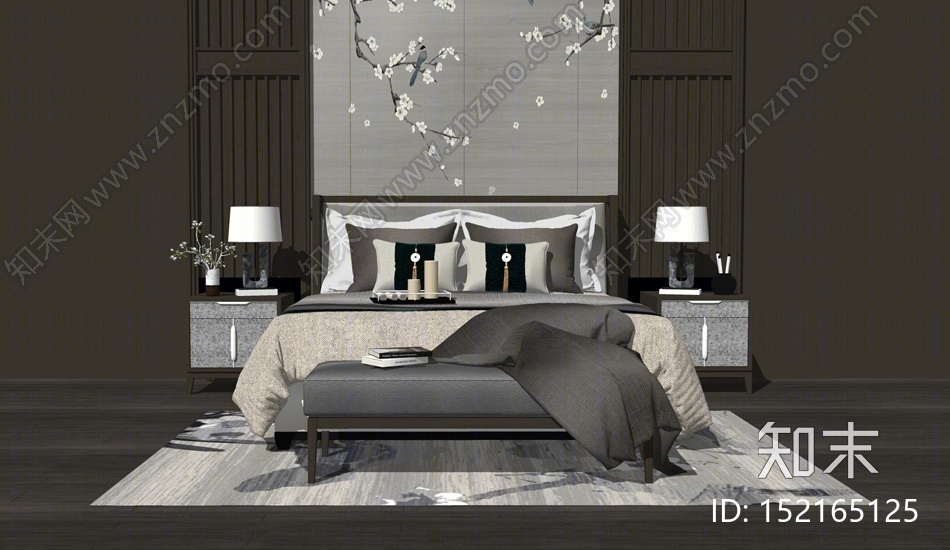 新中式双人床SU模型下载【ID:152165125】