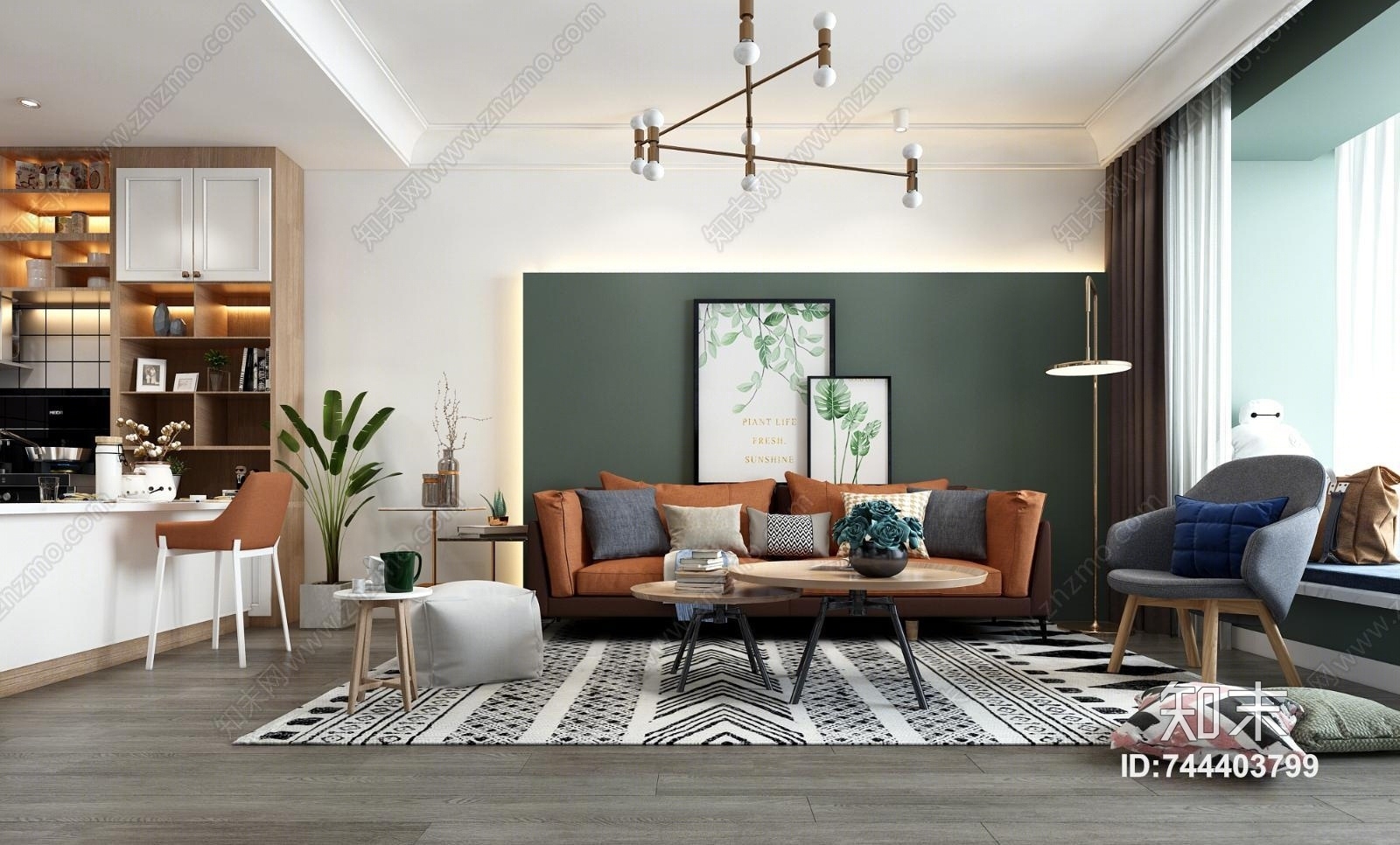 北欧客厅沙发电视墙3D模型下载【ID:744403799】