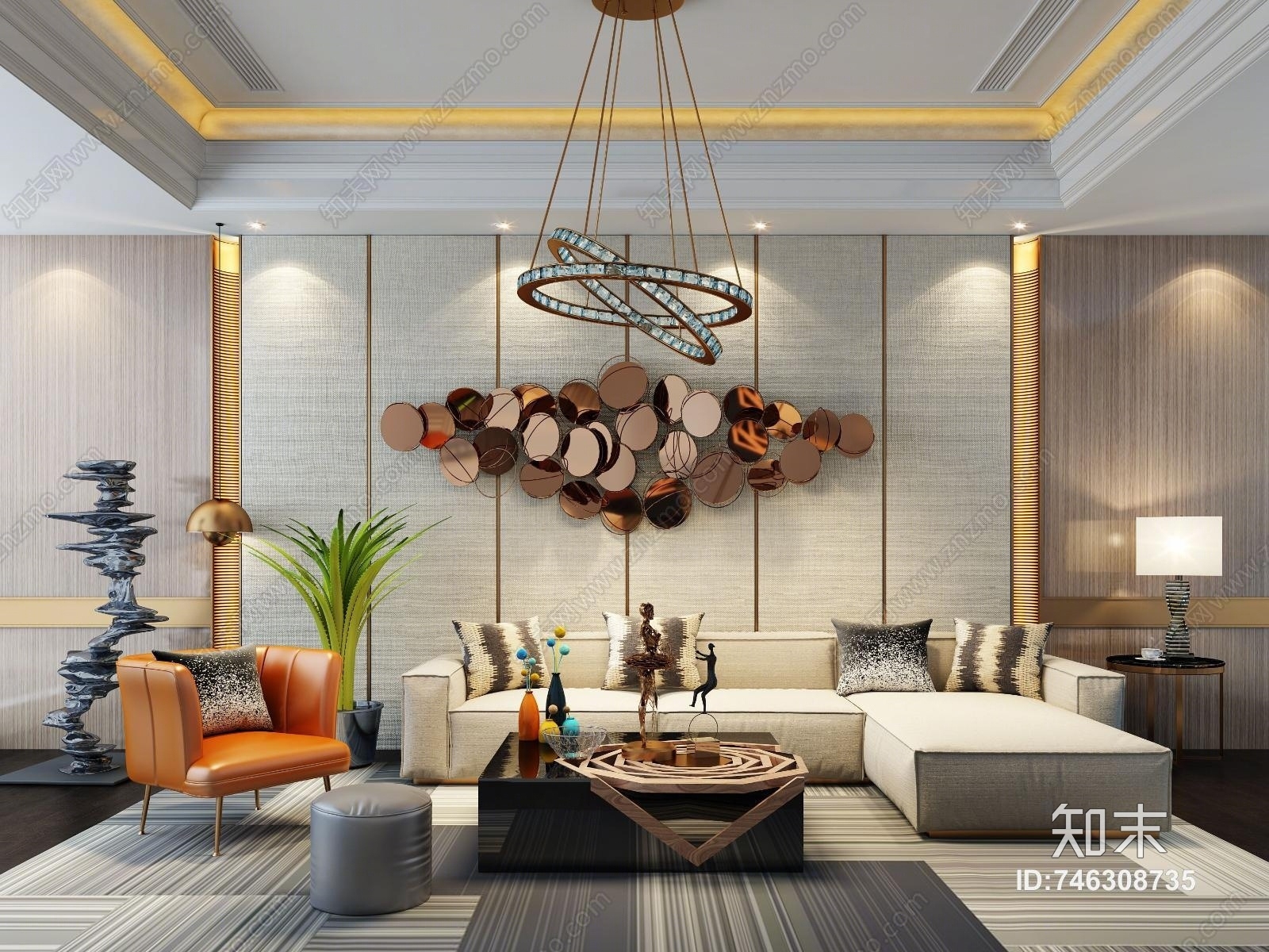 新中式沙发茶几吊灯挂画摆件组合3D模型下载【ID:746308735】