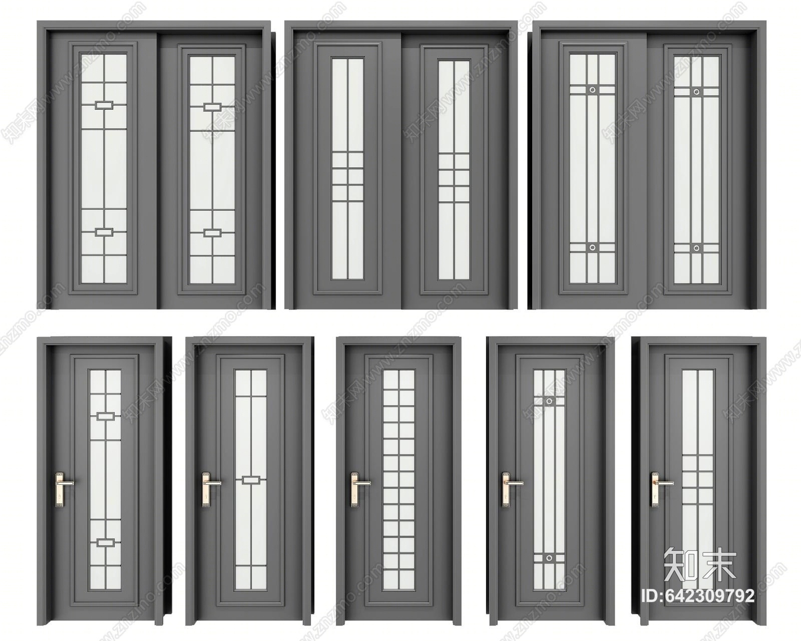 新中式移门卫生间门组合3D模型下载【ID:642309792】