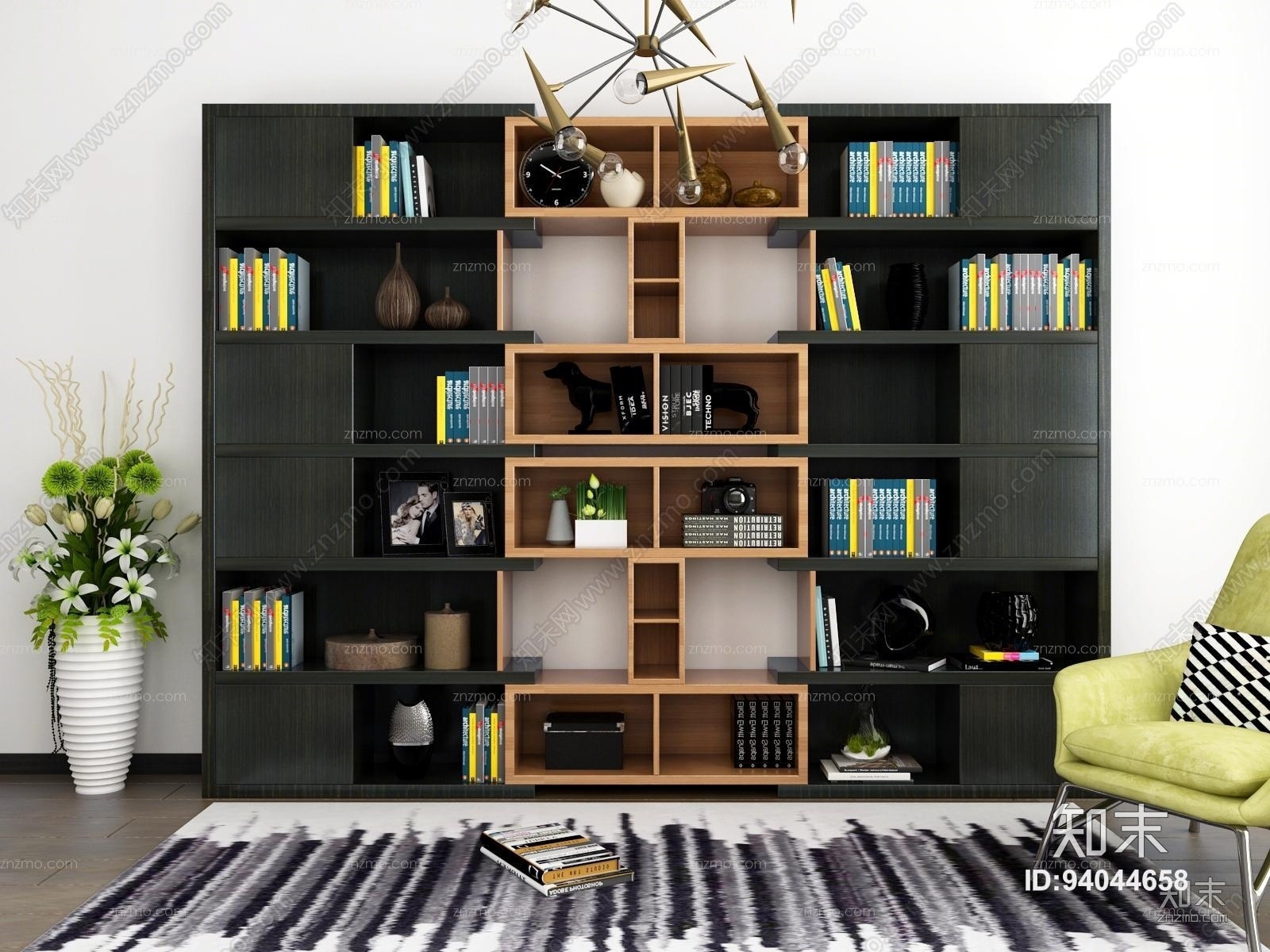 现代北欧书柜单椅花瓶3D组合模型3D模型下载【ID:94044658】