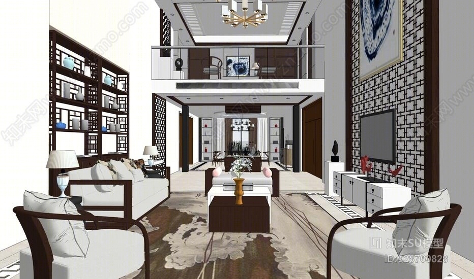 中式复式客厅餐厅室内设计SU模型下载【ID:928760828】