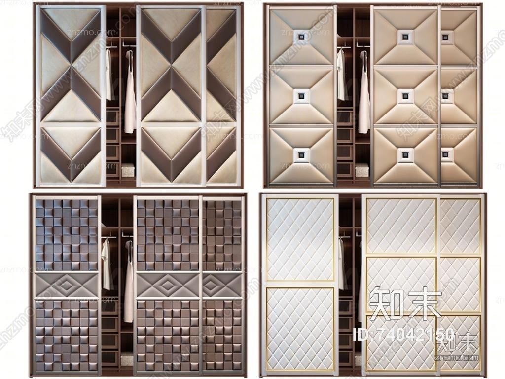欧式衣柜软包移门推拉门组合3D模型下载【ID:74042150】