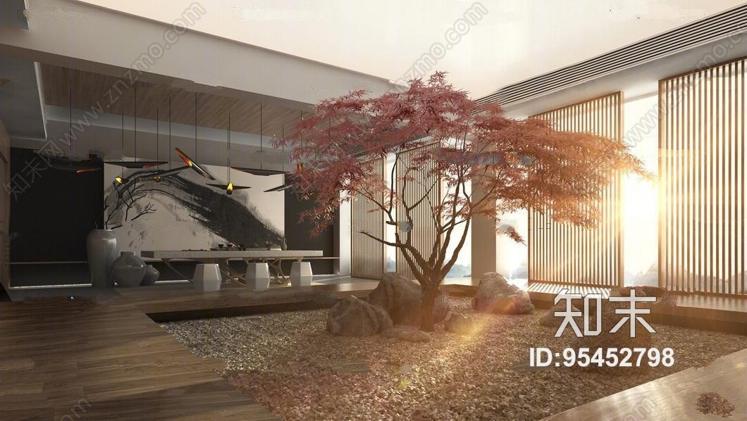 中式庭院阳台茶台组合3D模型下载【ID:95452798】