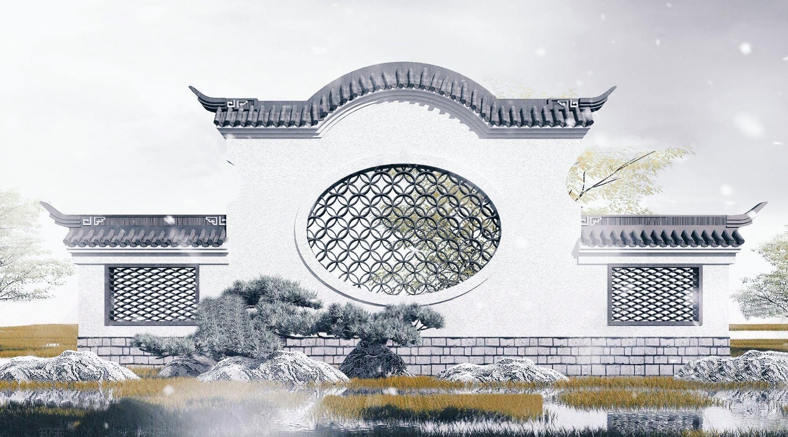 中式园林景观墙3D模型下载【ID:1101313115】