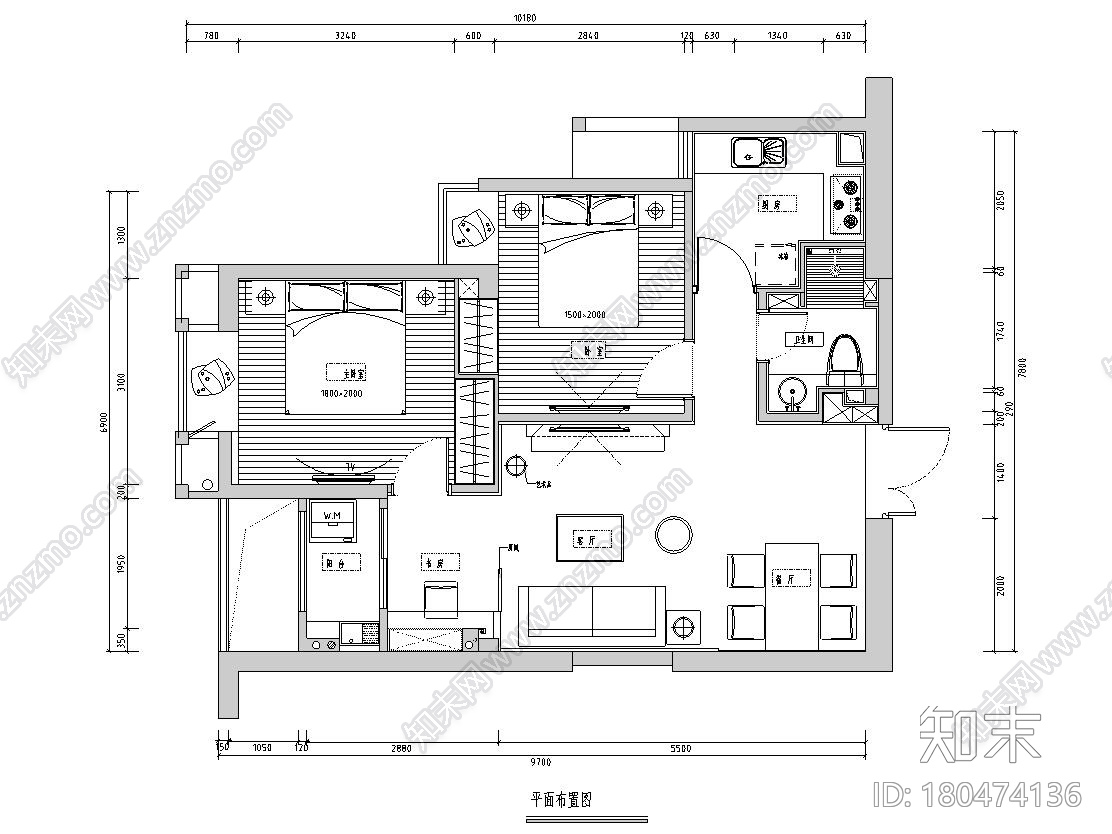 知名地产现代风2房2厅住宅装修施工图设计施工图下载【ID:180474136】