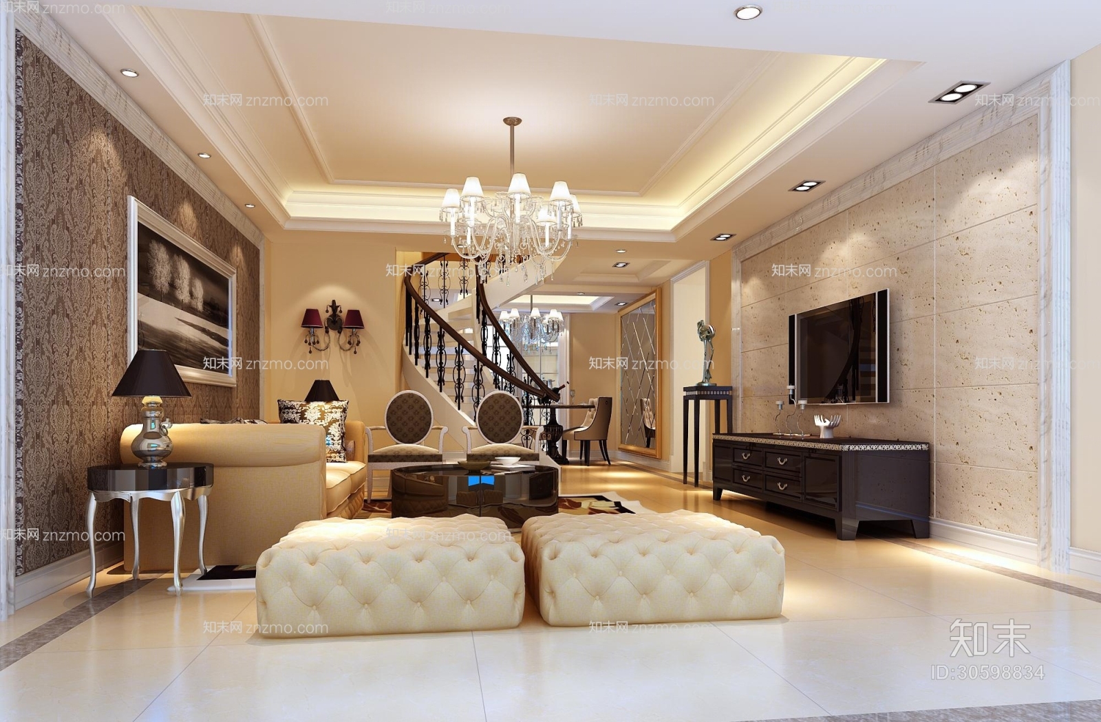 欧式简约米色皮质沙发茶几组合3D模型下载【ID:30598834】