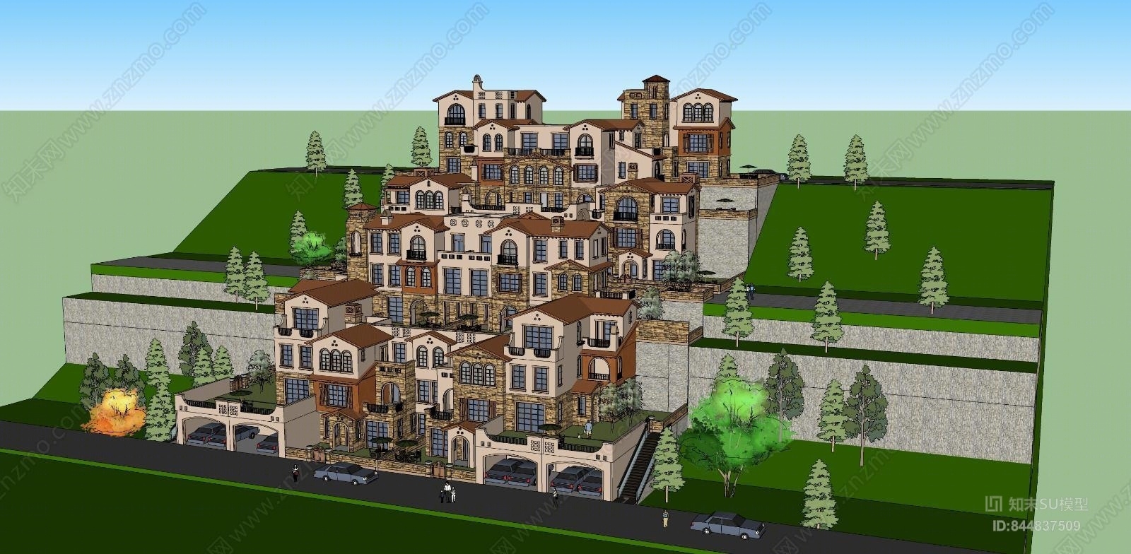 地中海西班牙坡地别墅群SU模型下载【ID:844837509】
