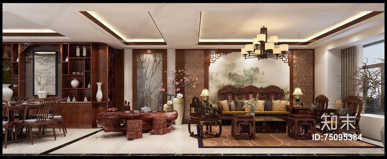 别墅中式客餐厅套图3D模型下载【ID:75095384】