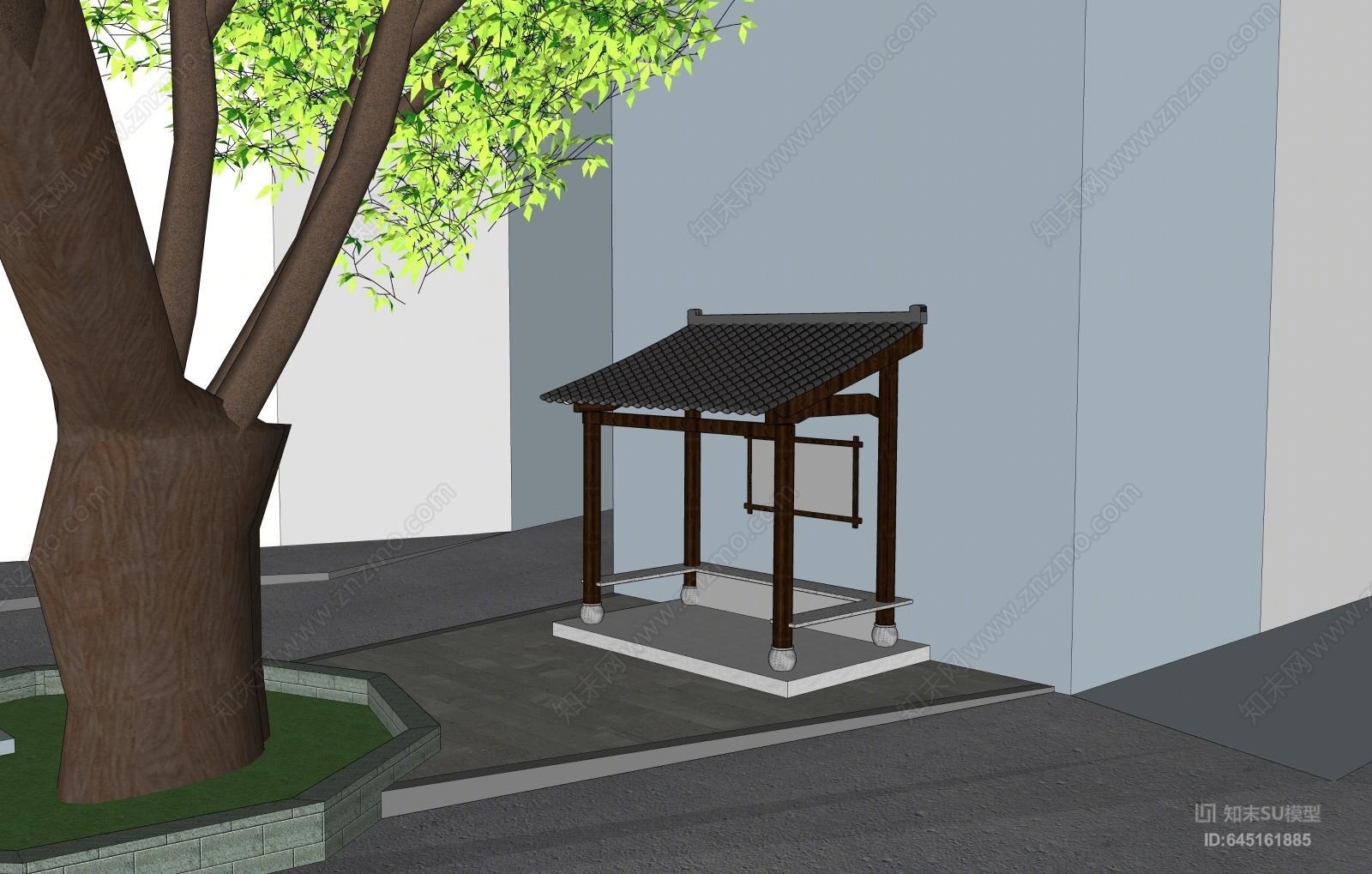 中式村口单侧廊架SU模型下载【ID:645161885】