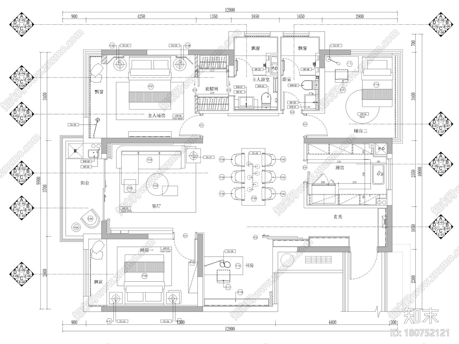 [杭州]路劲125㎡三居家装样板房装修施工图施工图下载【ID:180752121】