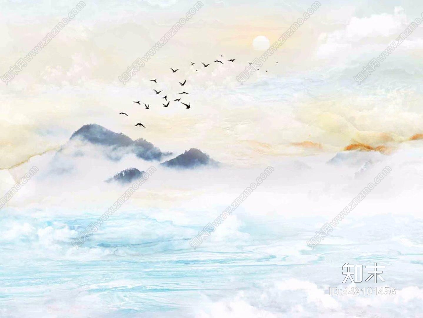 山水图纹彩雕背景墙大理石贴图下载【ID:449101456】