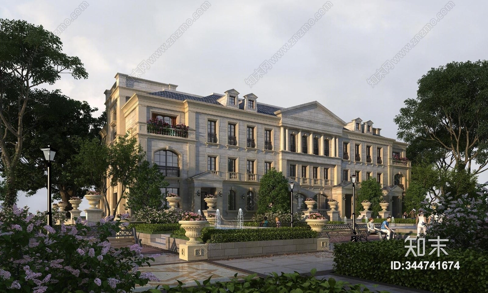 欧式古典欧式三层别墅洋房建筑外观3D模型下载【ID:344741674】