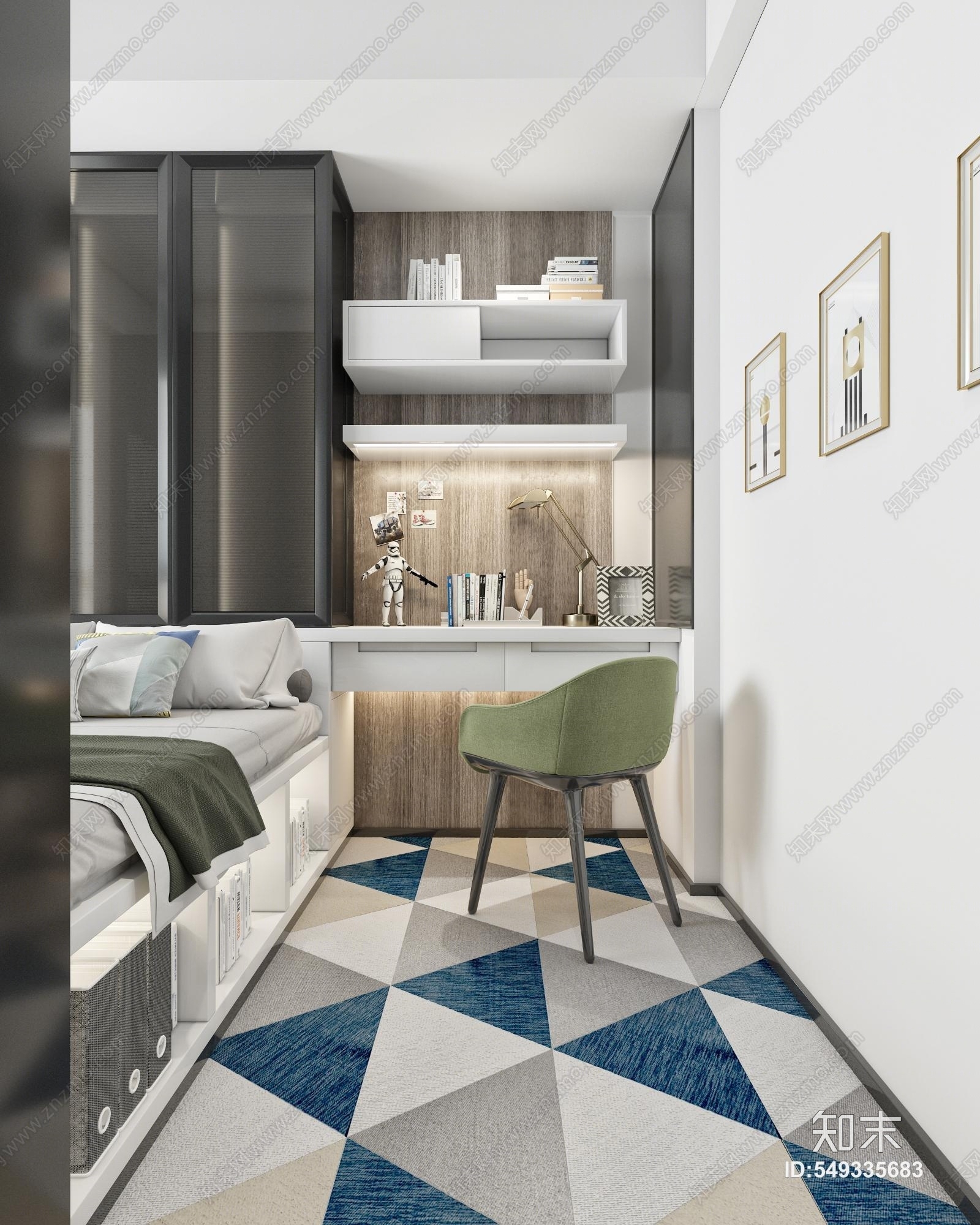 现代儿童房卧室柜子床桌椅榻榻米3D模型下载【ID:549335683】