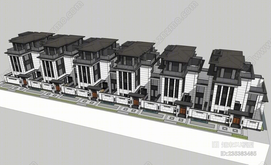 现代中式联排别墅SU模型下载【ID:235383485】