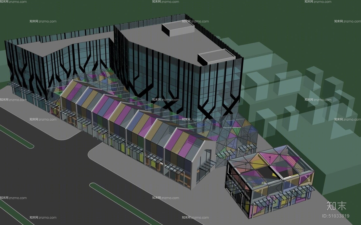 户外沿街商业街43D模型下载【ID:51033819】