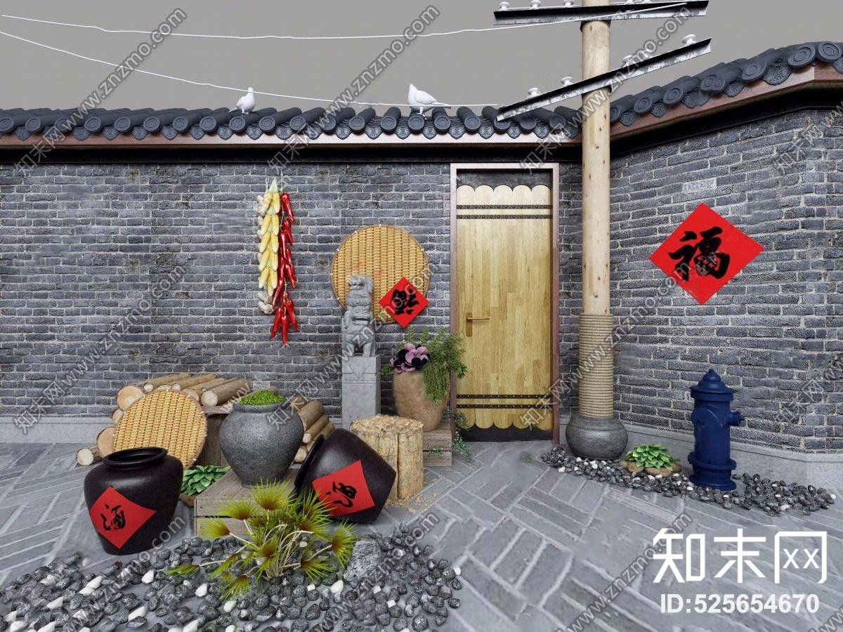 自然风酒坛陶罐园艺小品组合3D模型下载【ID:525654670】