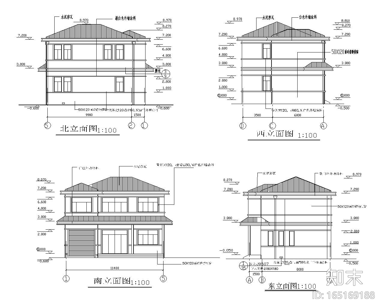 小型坡屋顶别墅砖混结构施工图（CAD）施工图下载【ID:165169188】