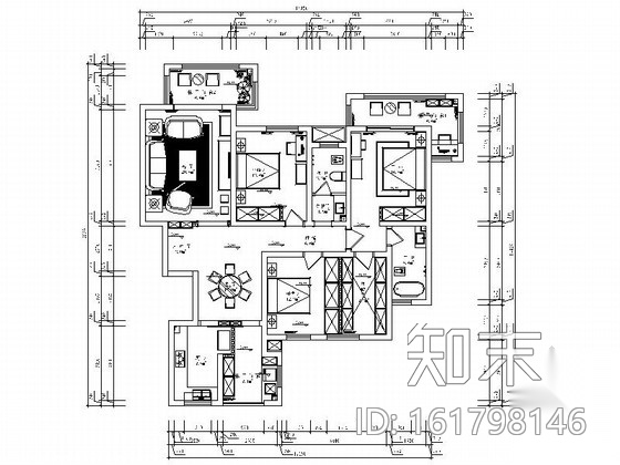 美式古典三居室住宅装修设计图cad施工图下载【ID:161798146】