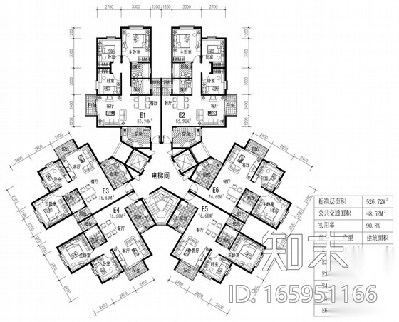 塔式高层一梯六户户型图(86/86/77/77/77/77)施工图下载【ID:165951166】