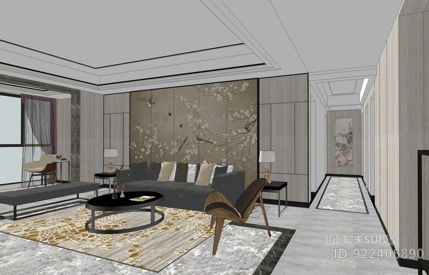 新中式客厅餐厅茶室室内设计SU模型下载【ID:922406890】