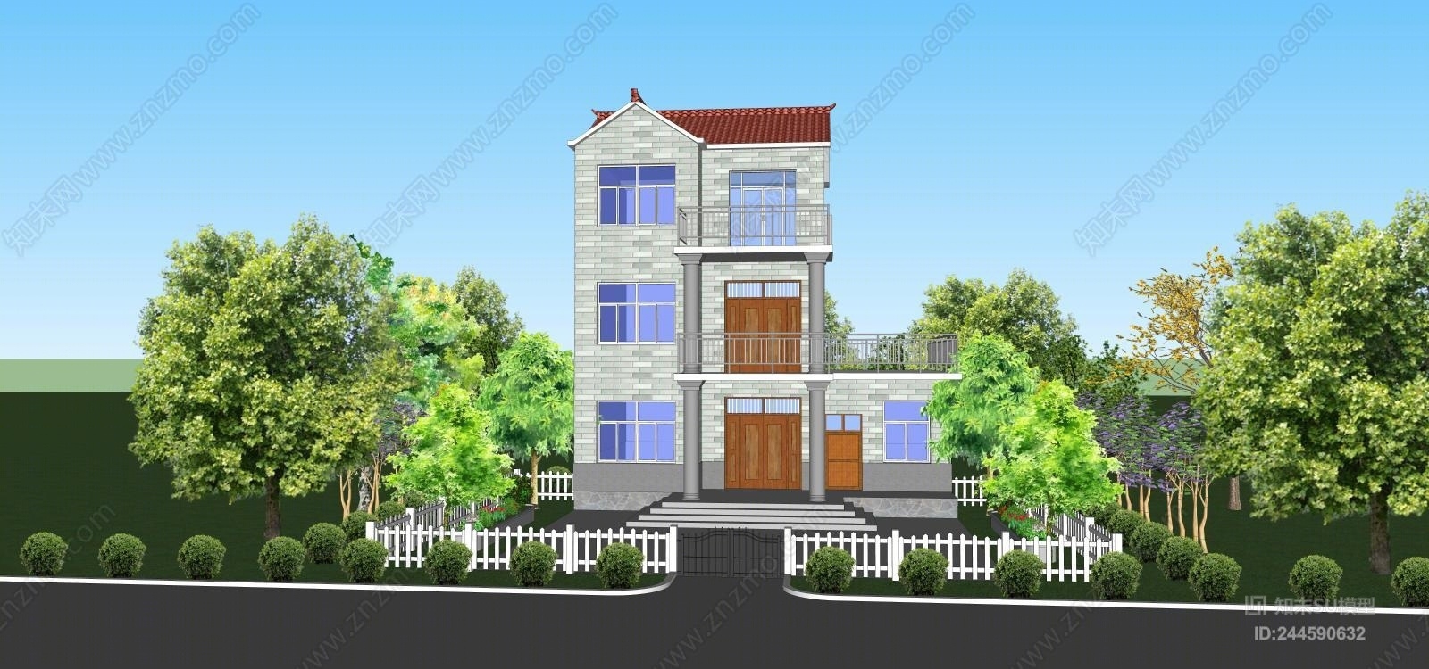 现代乡村小别墅SU模型下载【ID:244590632】