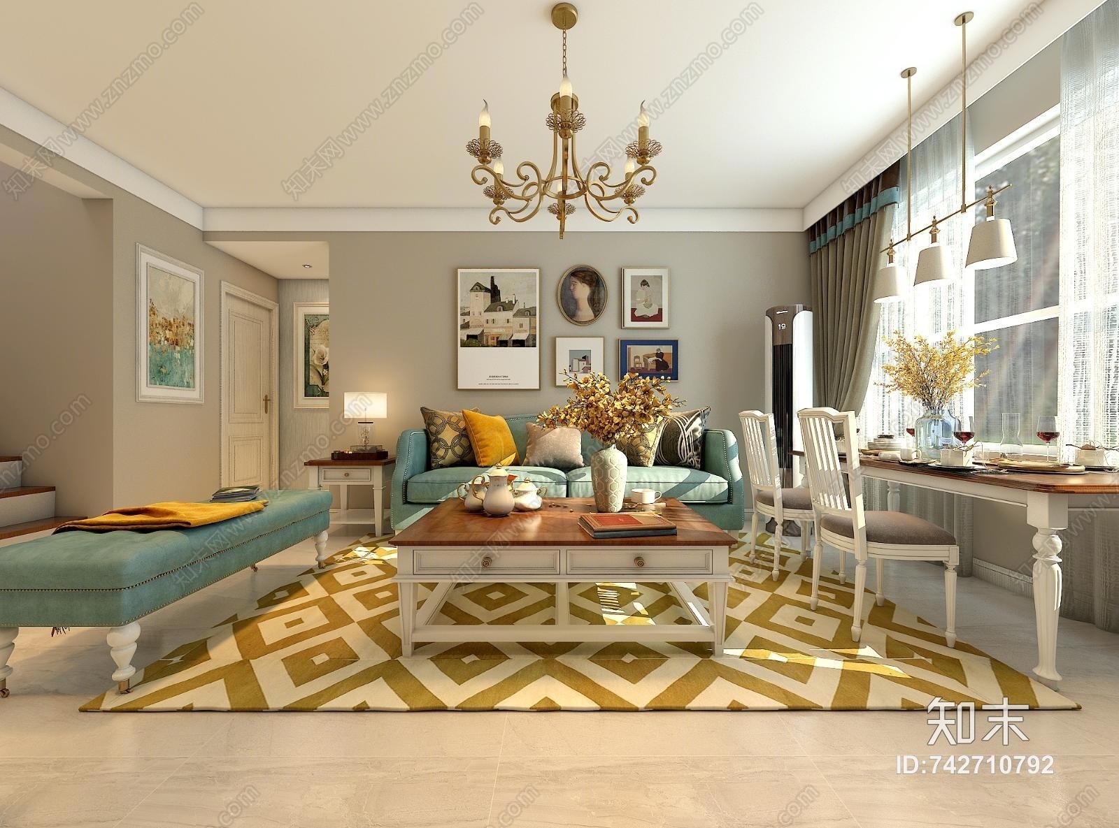 美式田园客餐厅3D模型下载【ID:742710792】