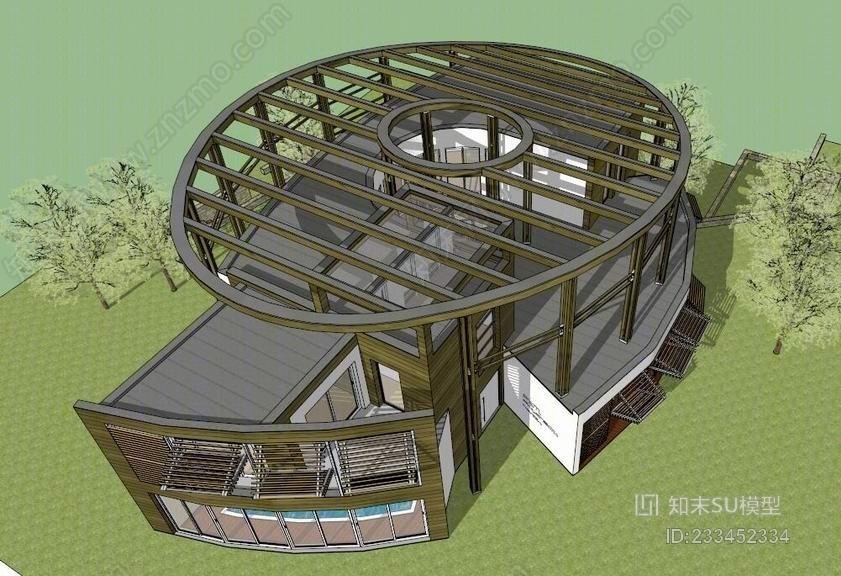 现代椭圆别墅SU模型下载【ID:233452334】