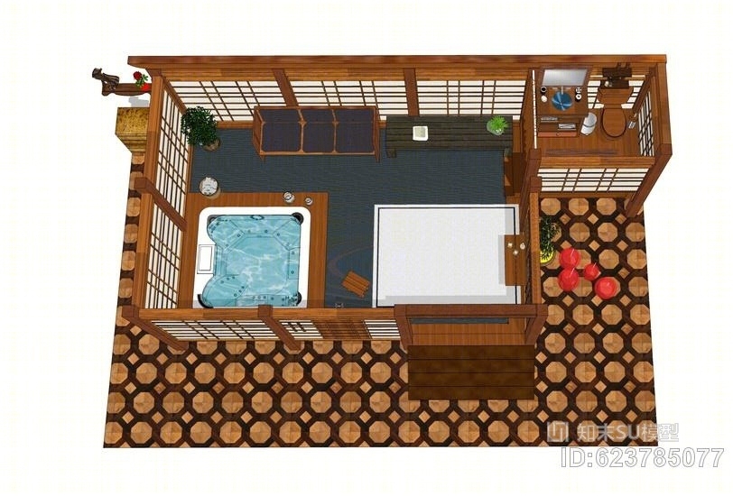 日式浴室室内设计SU模型下载【ID:623785077】