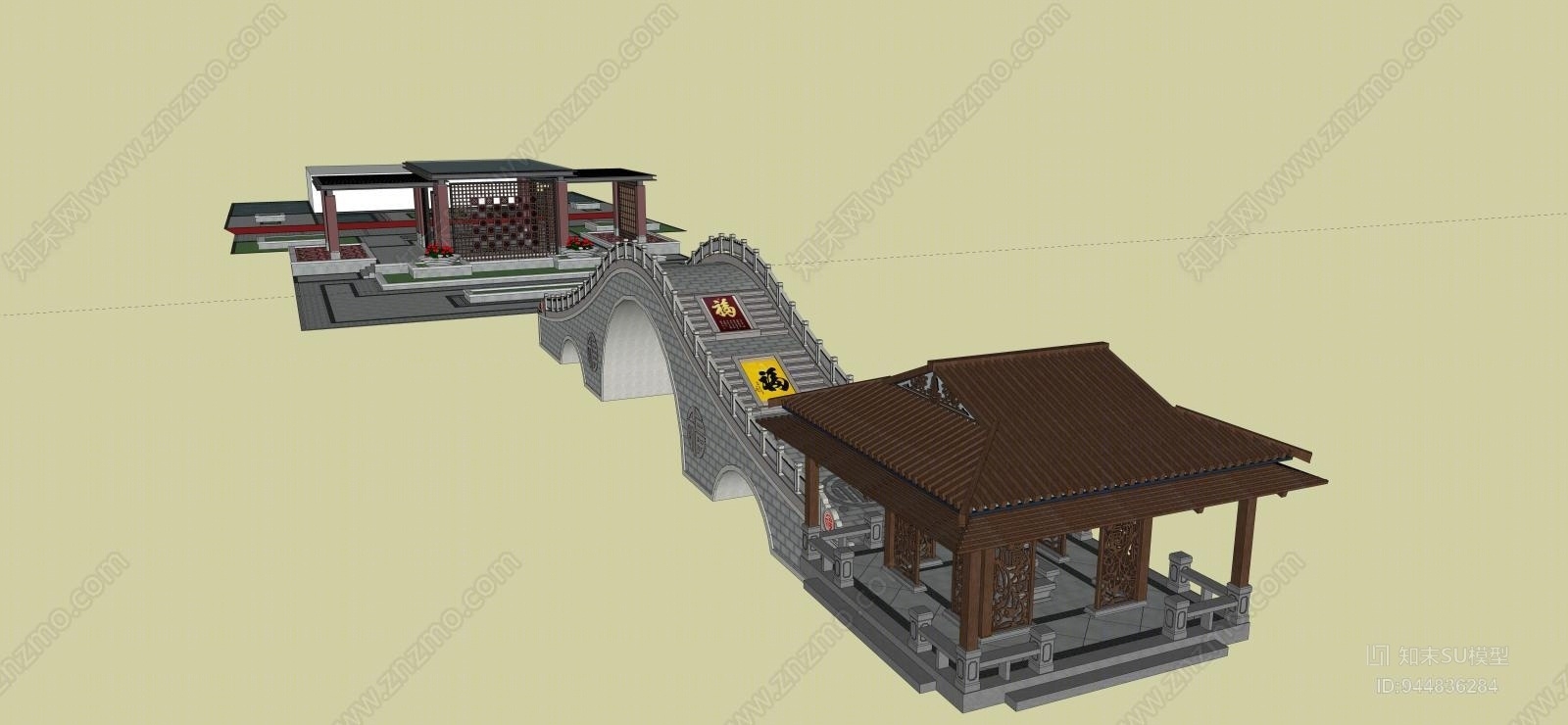新中式景观桥亭子SU模型下载【ID:944836284】