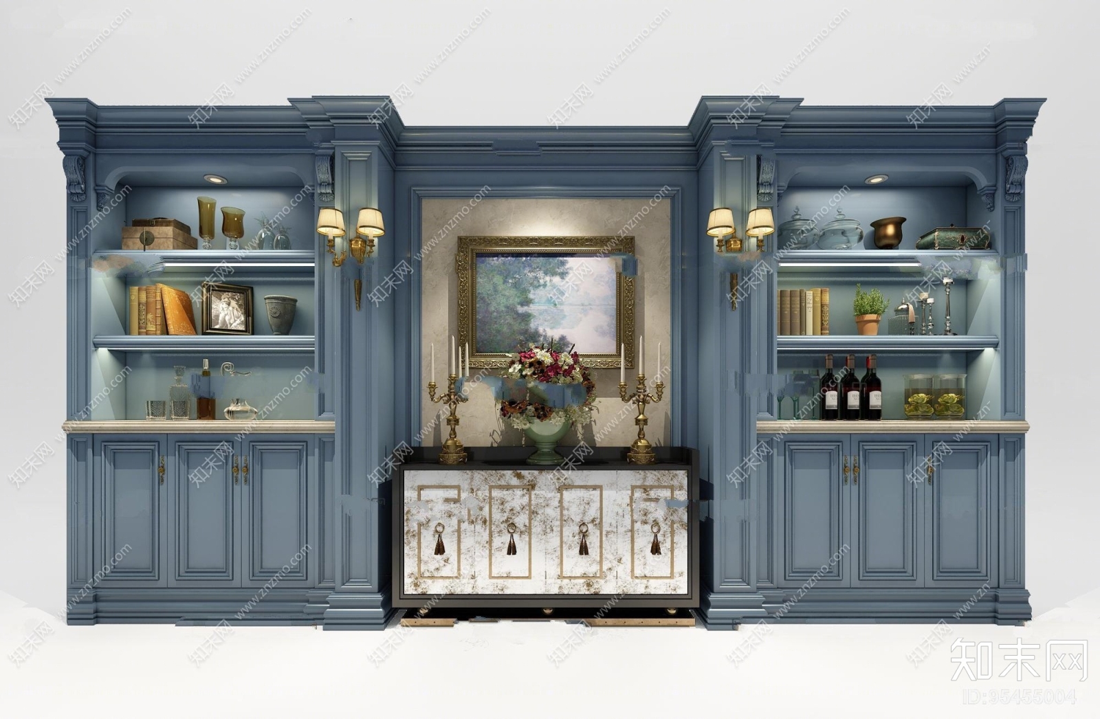 欧式实木酒柜餐边柜花艺饰品壁灯组合3D模型下载【ID:95455004】