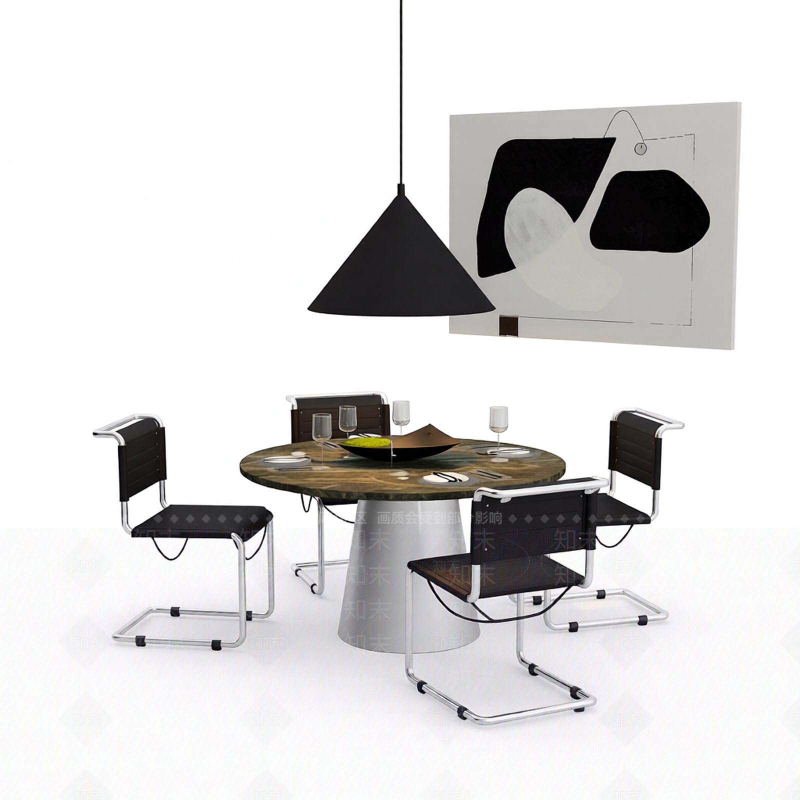 圆形餐桌及配套椅组3D模型下载【ID:1206193846】