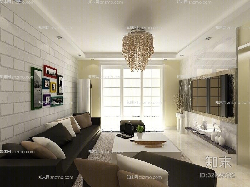 现代黑色布艺沙发茶几组合3D模型下载【ID:32629532】