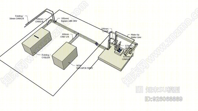水泵和冷水机组管路布置SU模型下载【ID:926068889】