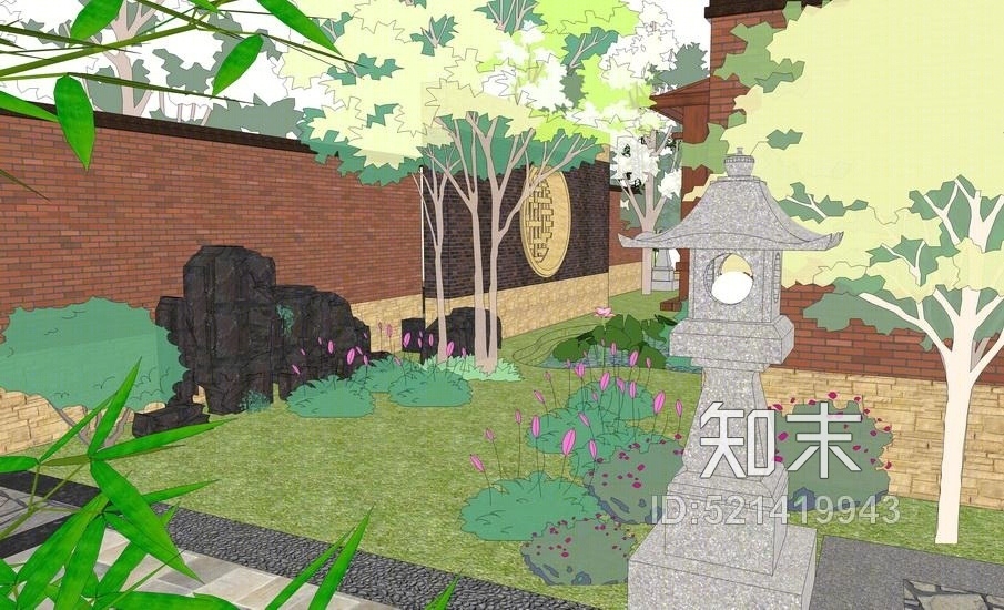 秦巴香溪园中式庭院景观SU模型下载【ID:521419943】