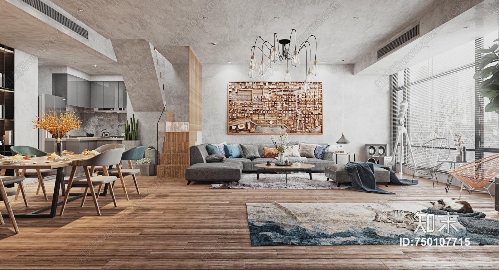 工业北欧客餐厅厨房3D模型下载【ID:750107715】