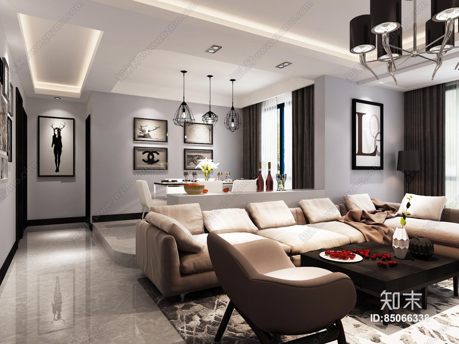 现代北欧风格整体模型餐厅客厅主卧3D模型下载【ID:85066338】