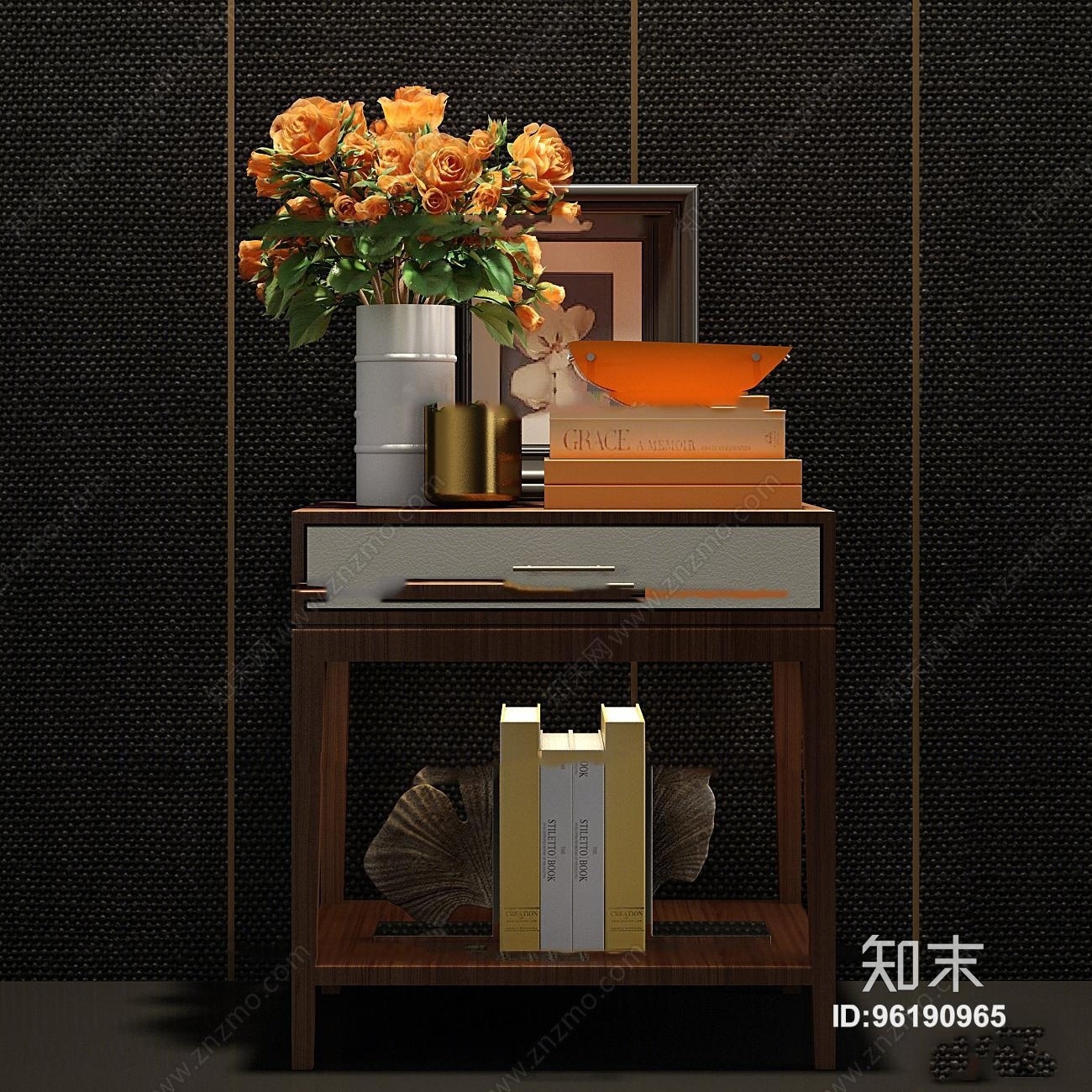 现代实木床头柜摆件组合3D模型下载【ID:96190965】