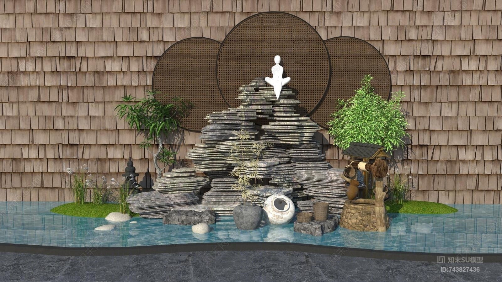中式假山景观小品SU模型下载【ID:743827436】