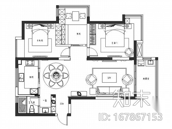 [扬州]高档小区简约温馨2居室室内设计CAD施工图（含效果...施工图下载【ID:167867153】