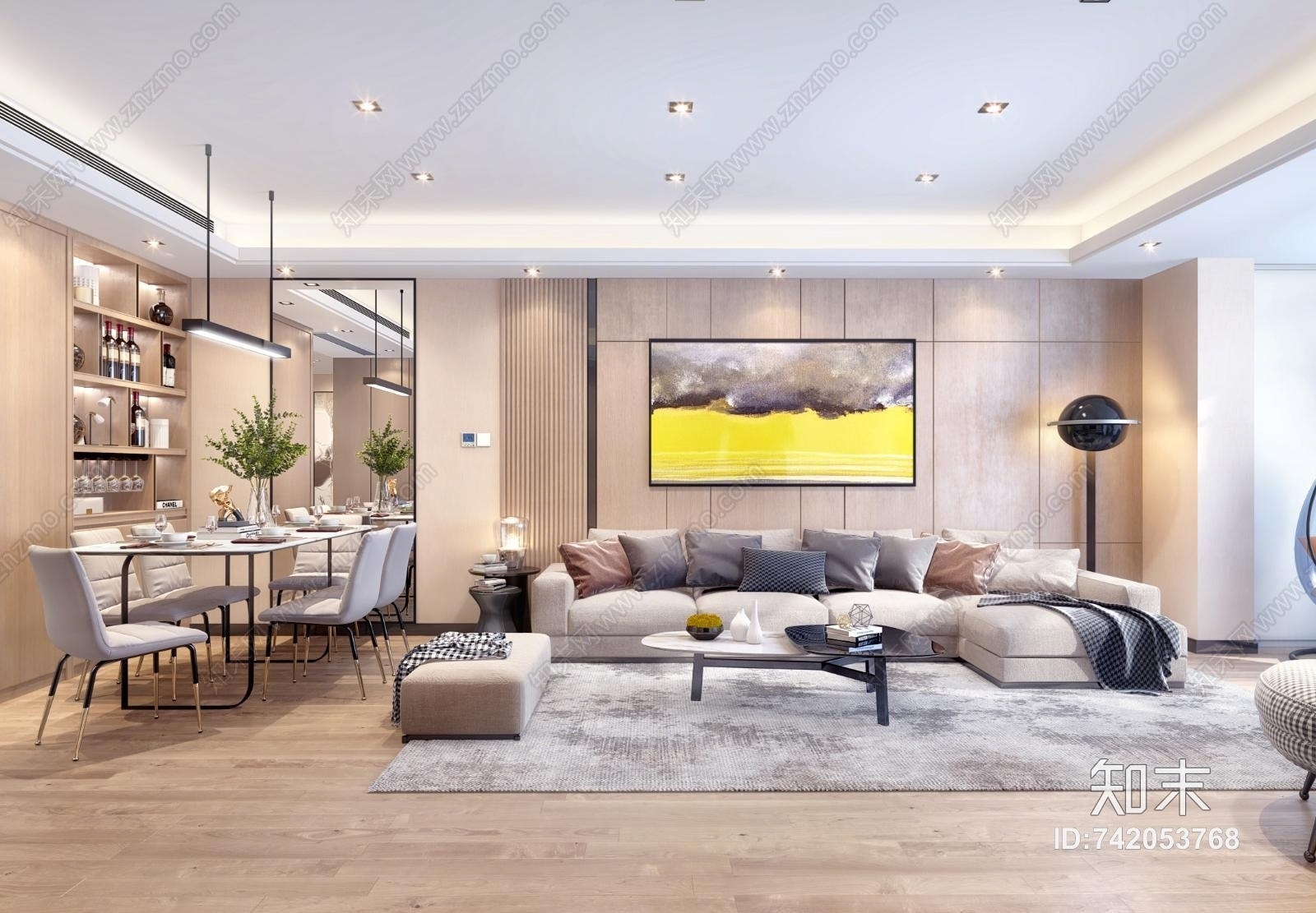 现代北欧客厅餐厅门厅3D模型下载【ID:742053768】