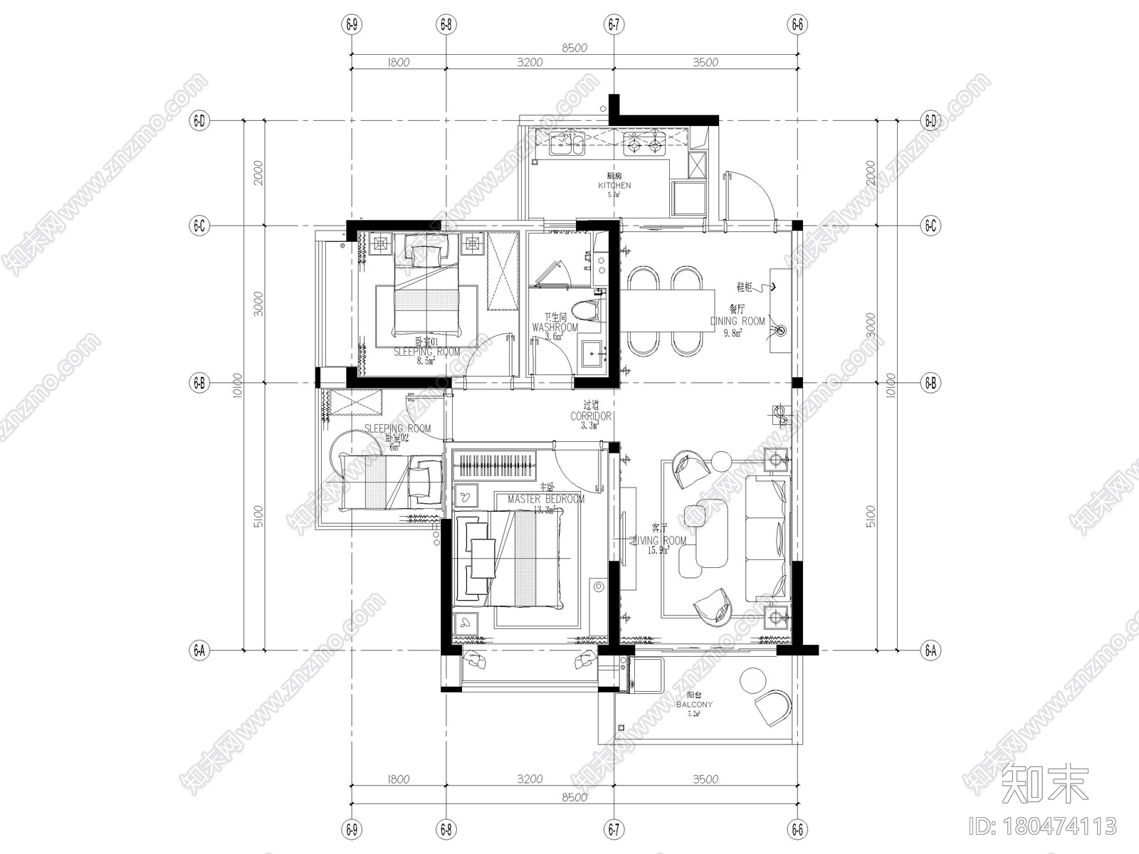 [海南]三亚71㎡现代三居室家装样板间施工图施工图下载【ID:180474113】