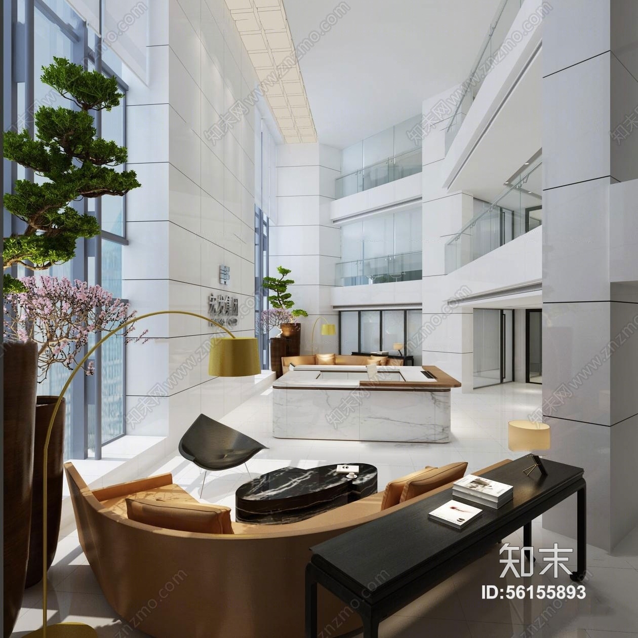 现代办公楼商务大堂前台3D模型下载【ID:56155893】