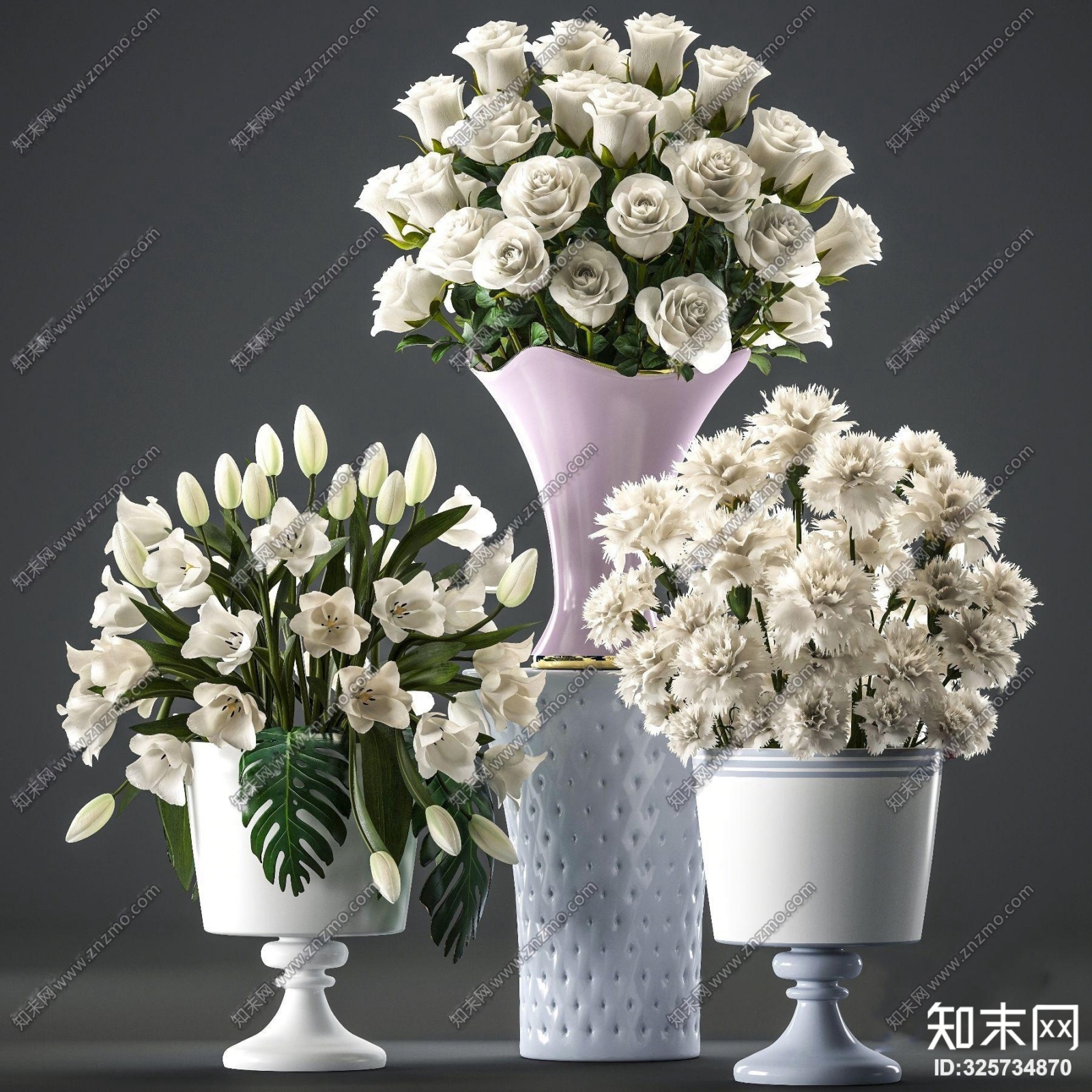 现代陶瓷花卉花瓶组合3D模型下载【ID:325734870】