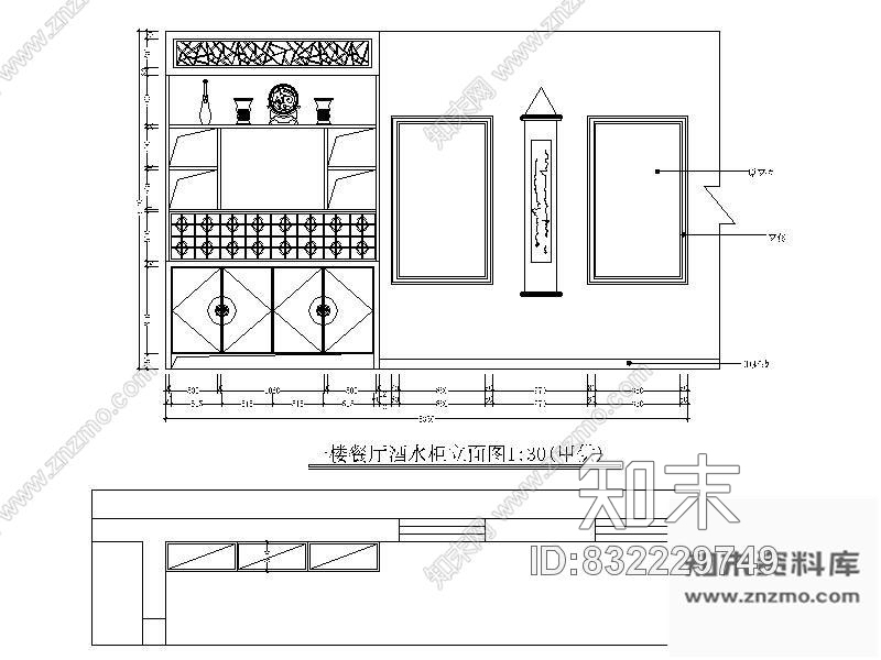 图块/节点中式餐厅餐柜立面图cad施工图下载【ID:832229749】